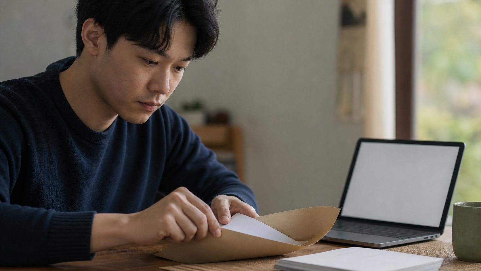 노트북 앞에서 사망일시금 신청 서류를 정리하는 손