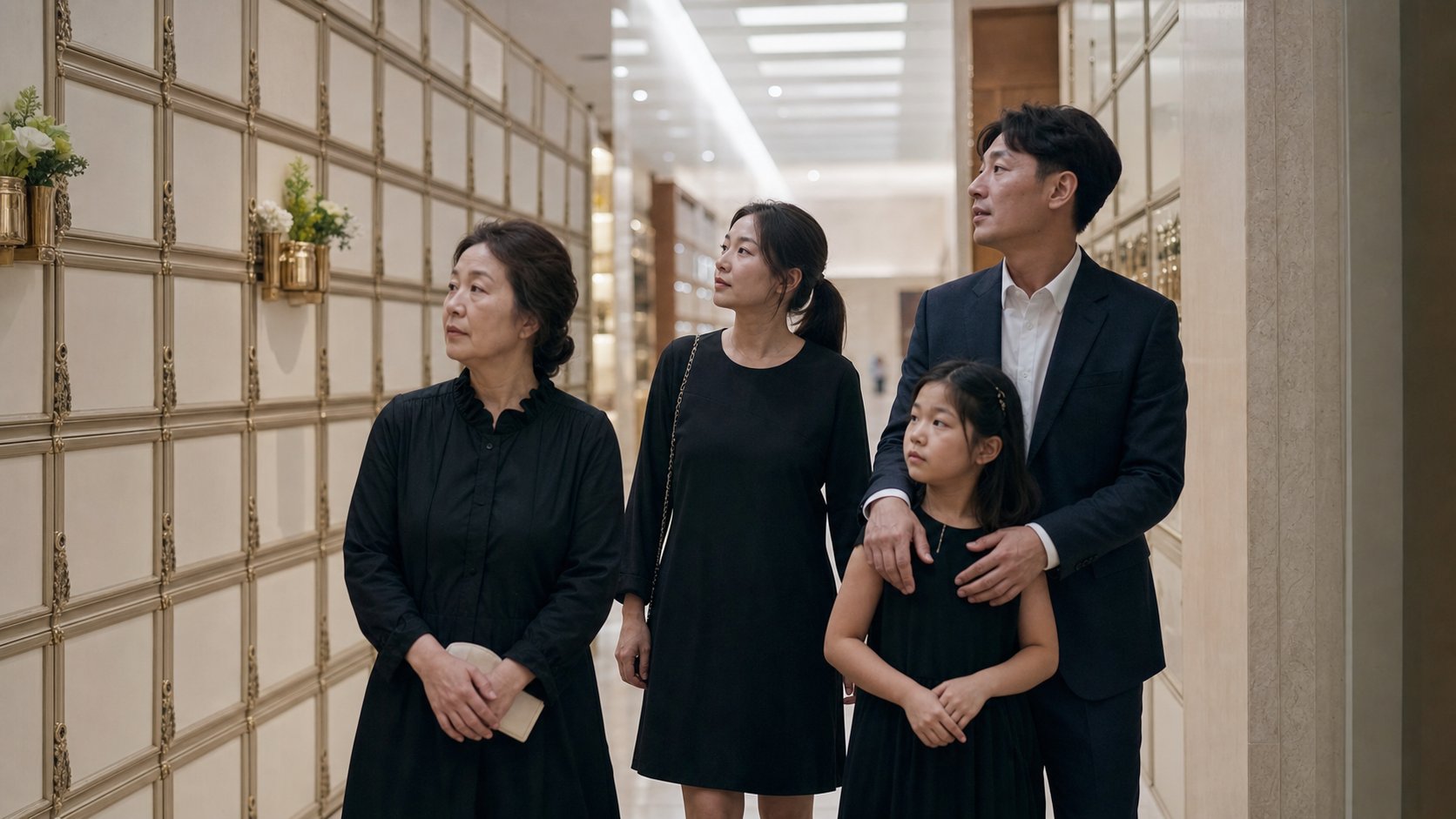 실내 봉안당 안치단 복도를 둘러보는 가족