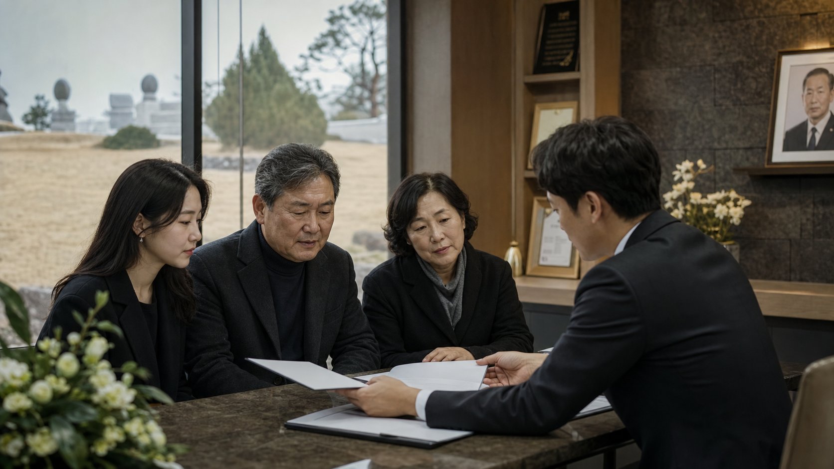 봉안 시설 안내 책자를 보며 상담받는 가족