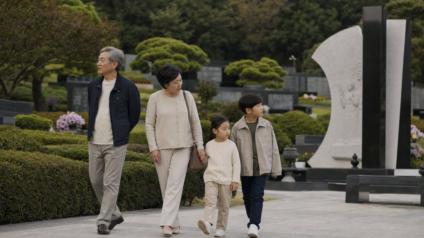 야외 봉안 공원에서 시설을 둘러보는 가족