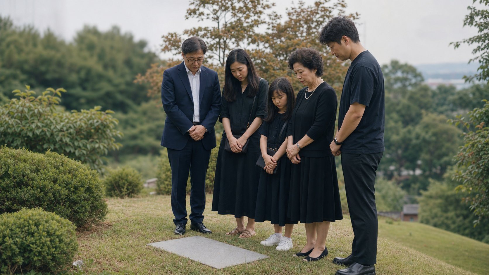 잔디형 자연장지에서 표지석을 바라보는 가족