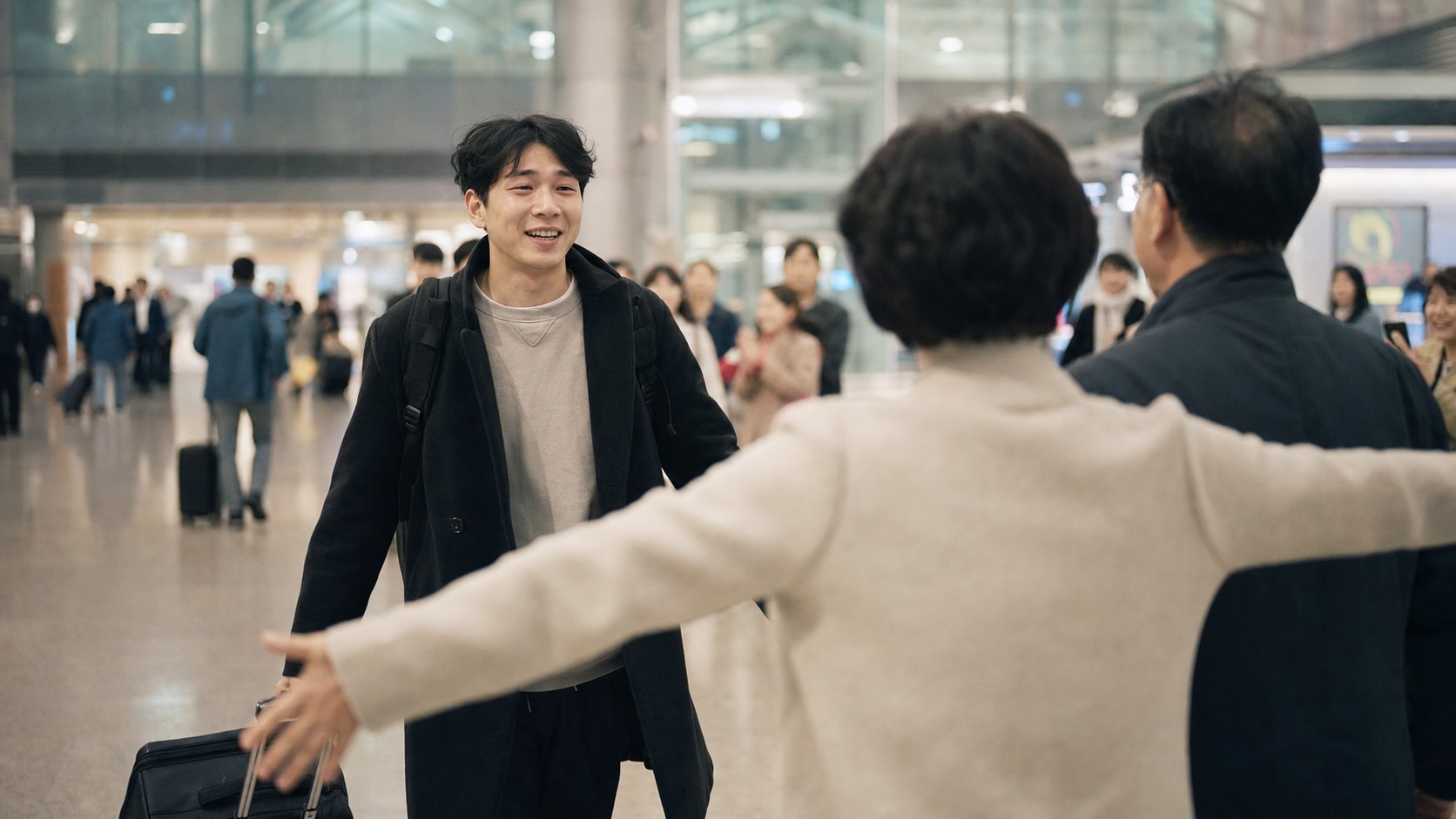 공항 도착장에서 마중 나온 가족과 재회하는 자녀