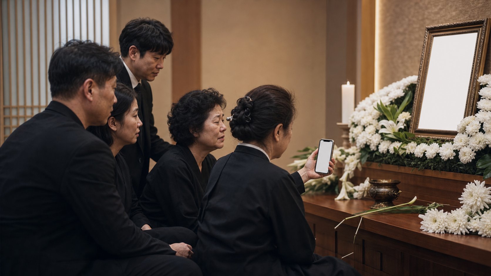 빈소를 지키는 국내 가족과 휴대폰 영상으로 연결된 해외 가족