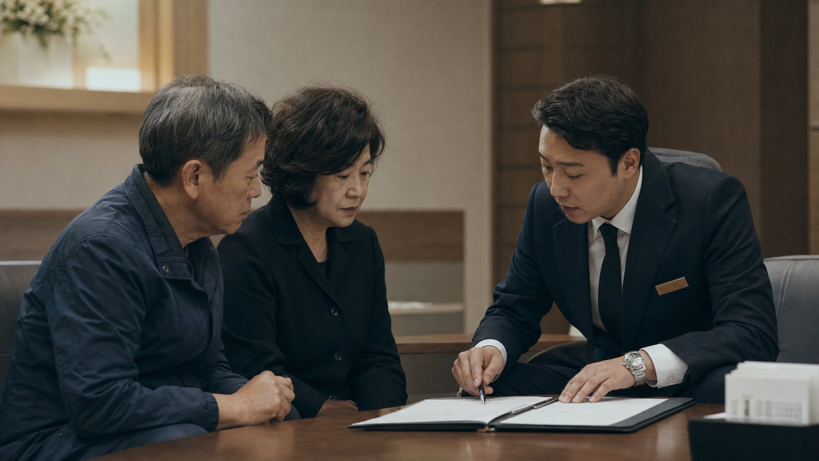 장례지도사가 가족에게 절차를 안내하는 상담 장면