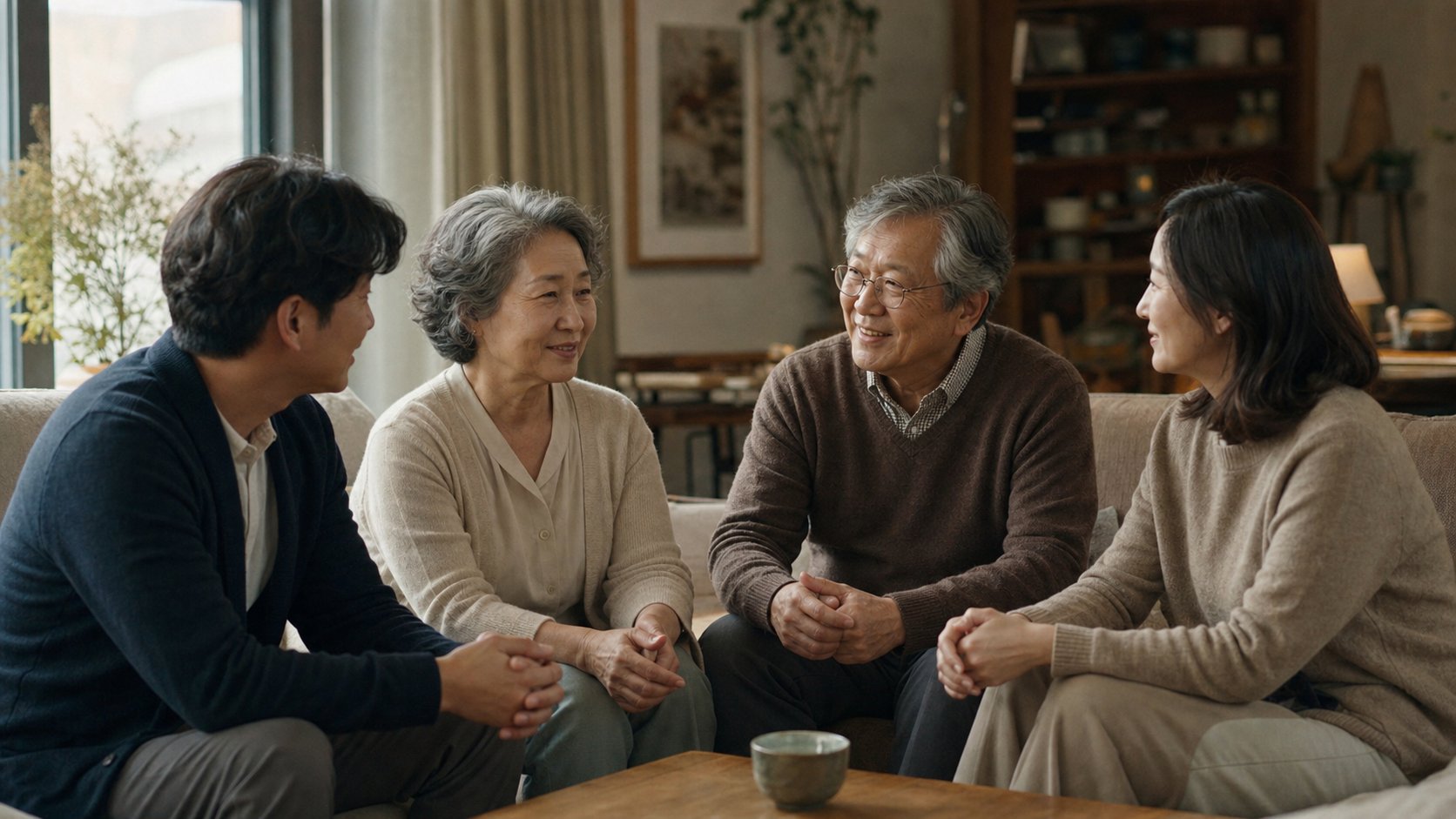 부모와 성인 자녀가 함께 앉아 대화하는 장면