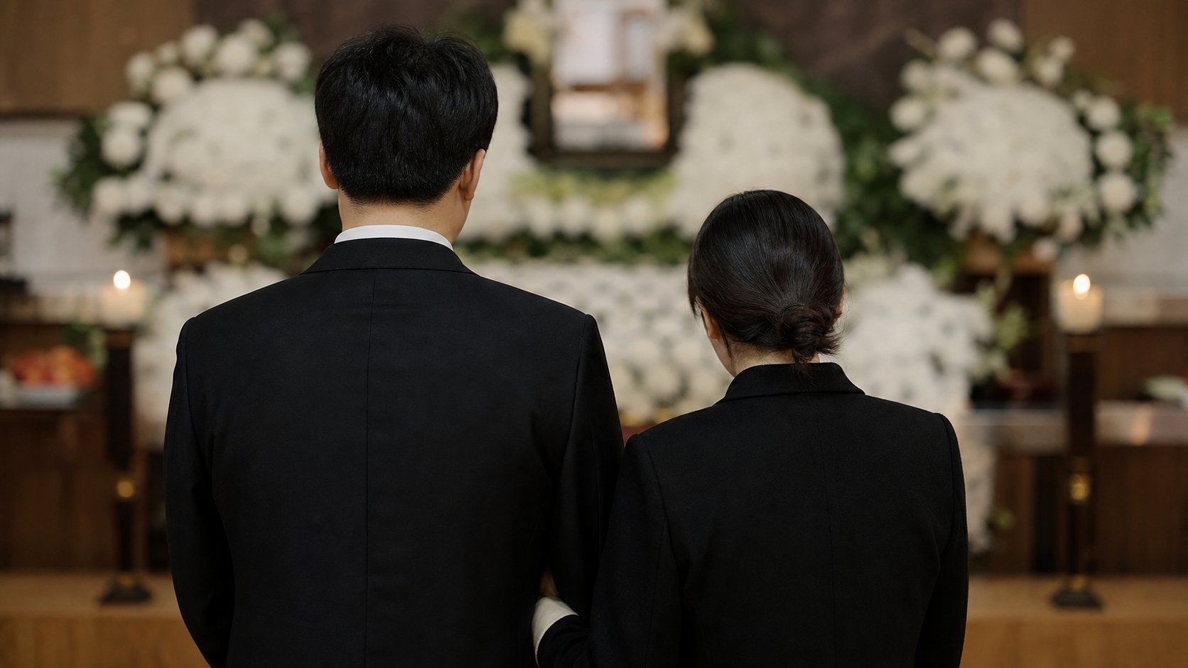 형제자매가 제단 앞에서 부모님을 기리는 장면