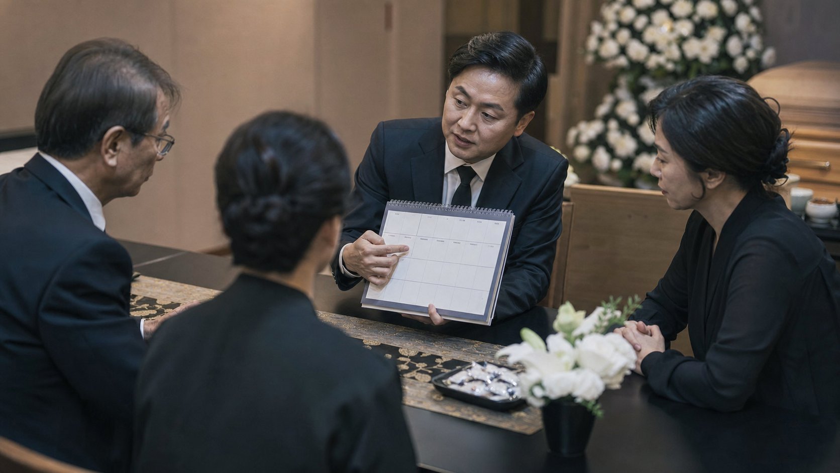 장례지도사가 5일장 일정을 설명하는 상담 장면
