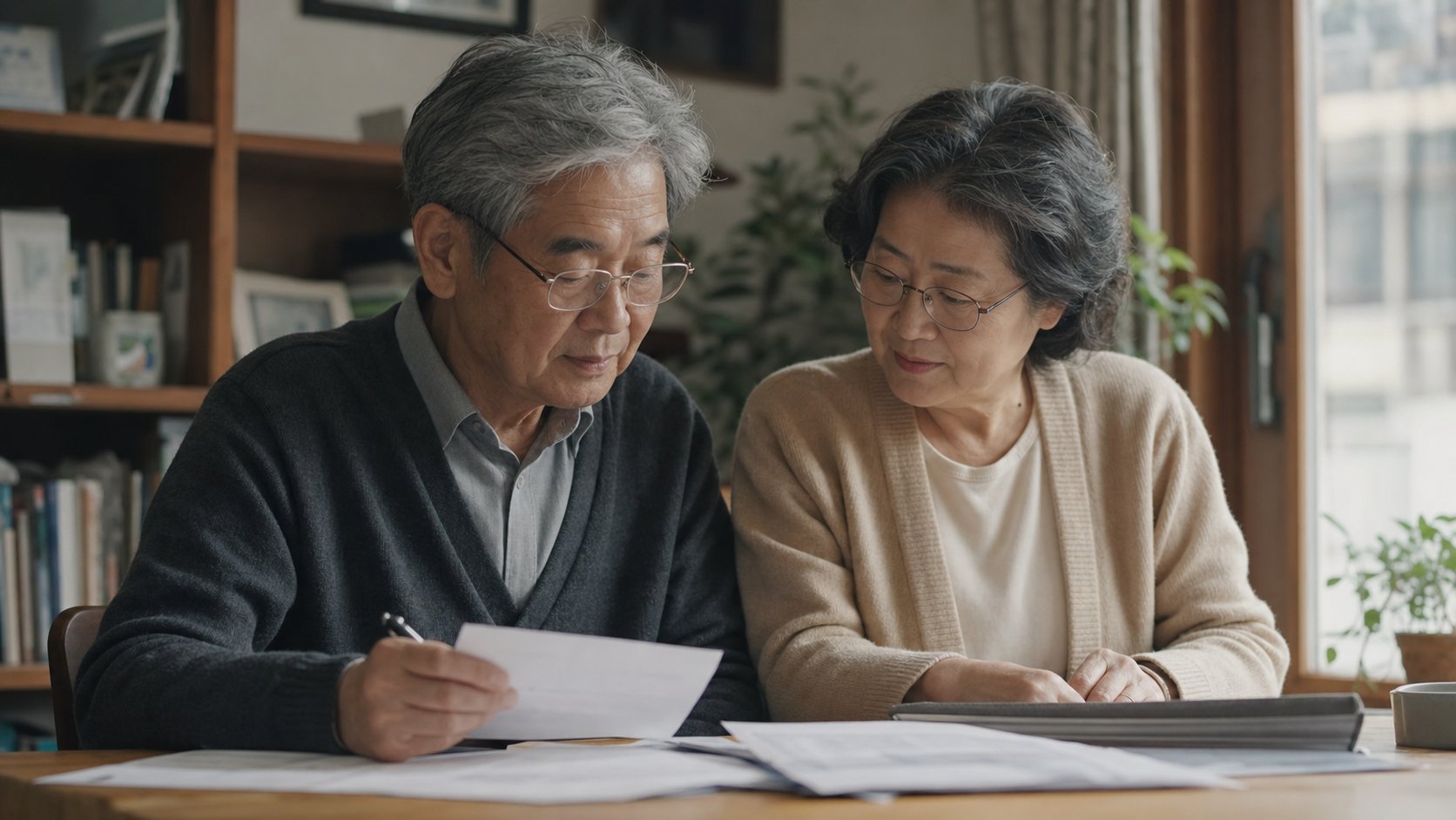 노부부가 장례 예산과 서류를 미리 정리하는 장면