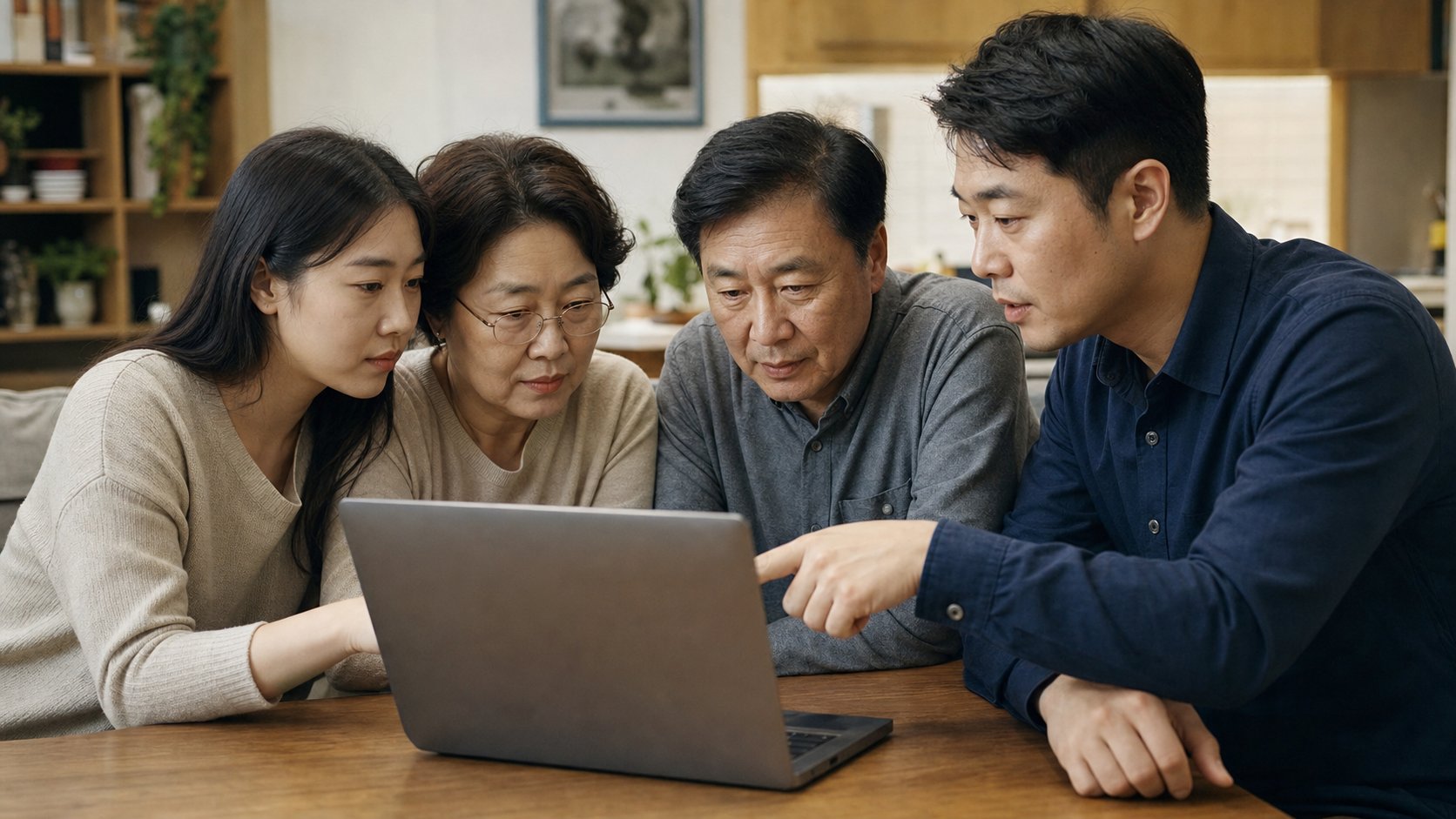 가족이 노트북으로 장례 지원 정보를 검색하는 장면