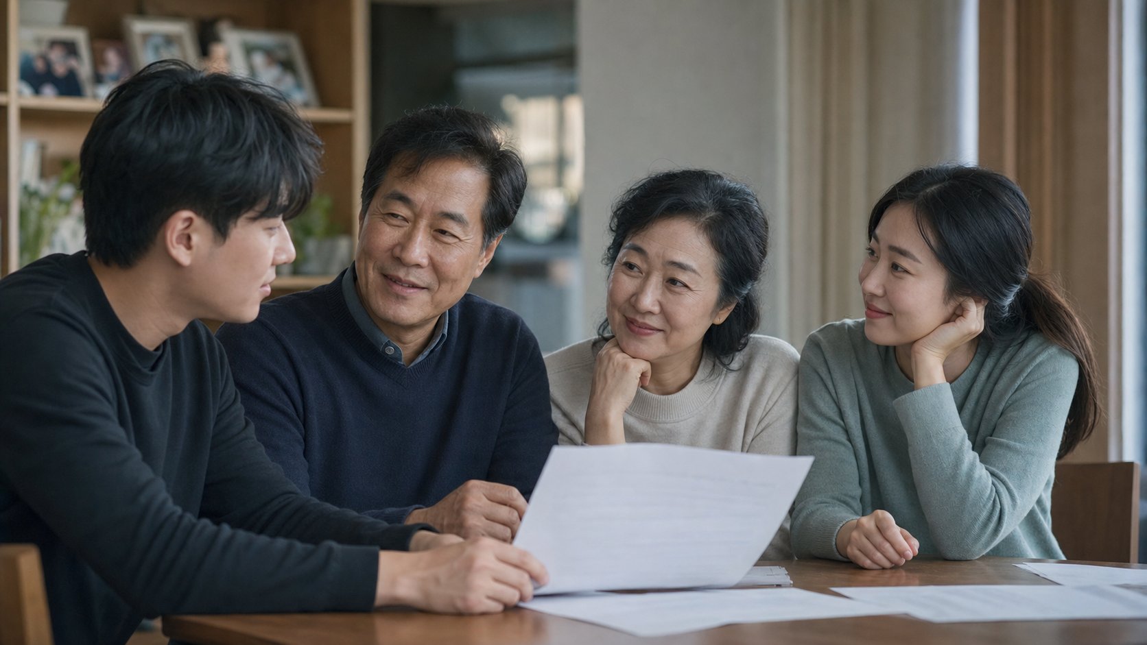 가족이 장례 정산서를 확인하며 안도하는 장면