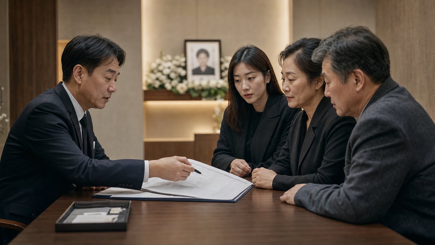 가족이 장례지도사와 견적서를 검토하며 상담하는 장면