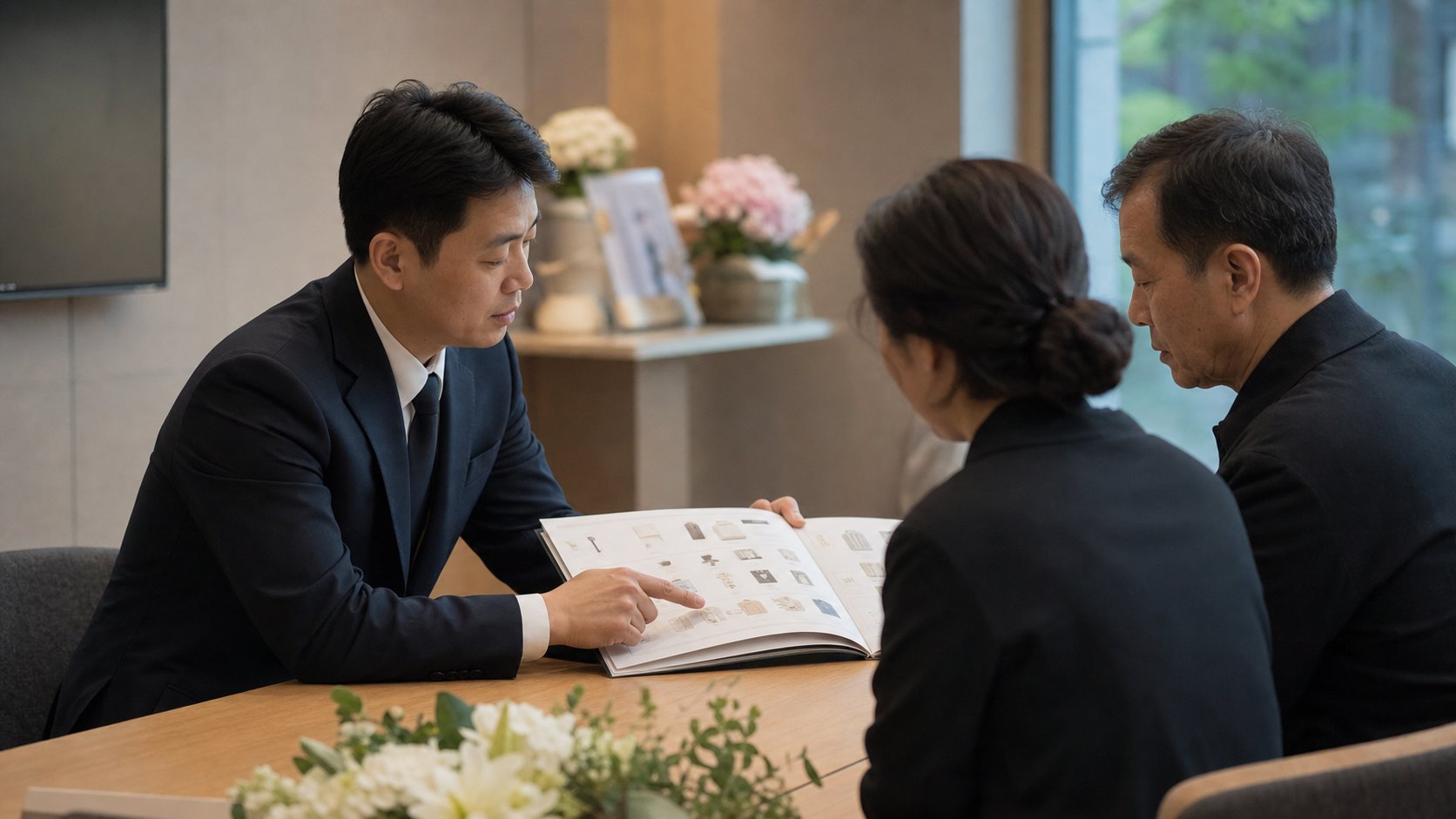 장례지도사가 장례상품 구성 내역을 설명하는 장면
