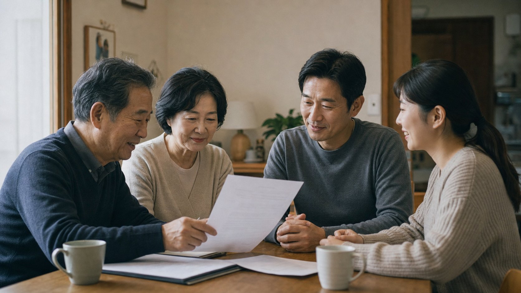가족이 정리된 장례 계획서를 함께 확인하는 장면
