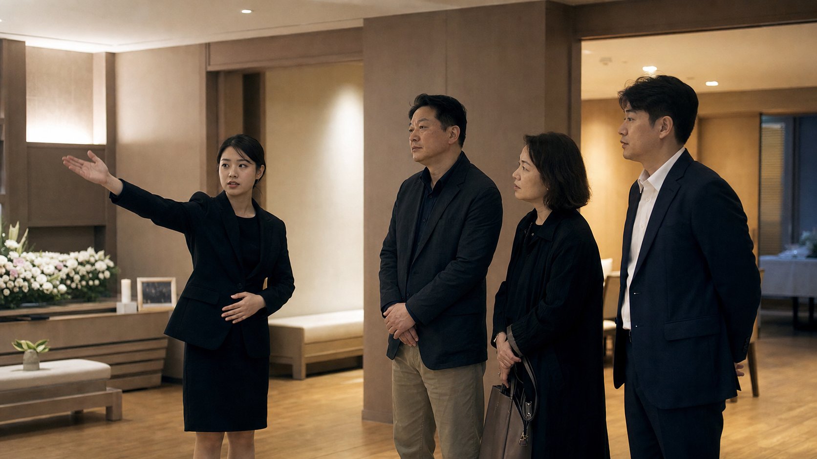 가족이 직원과 함께 빈소와 부대시설을 둘러보는 장면