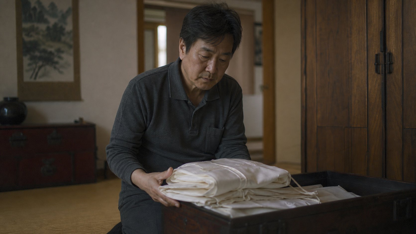 미리 마련해 보관해 둔 수의를 살펴보는 가족
