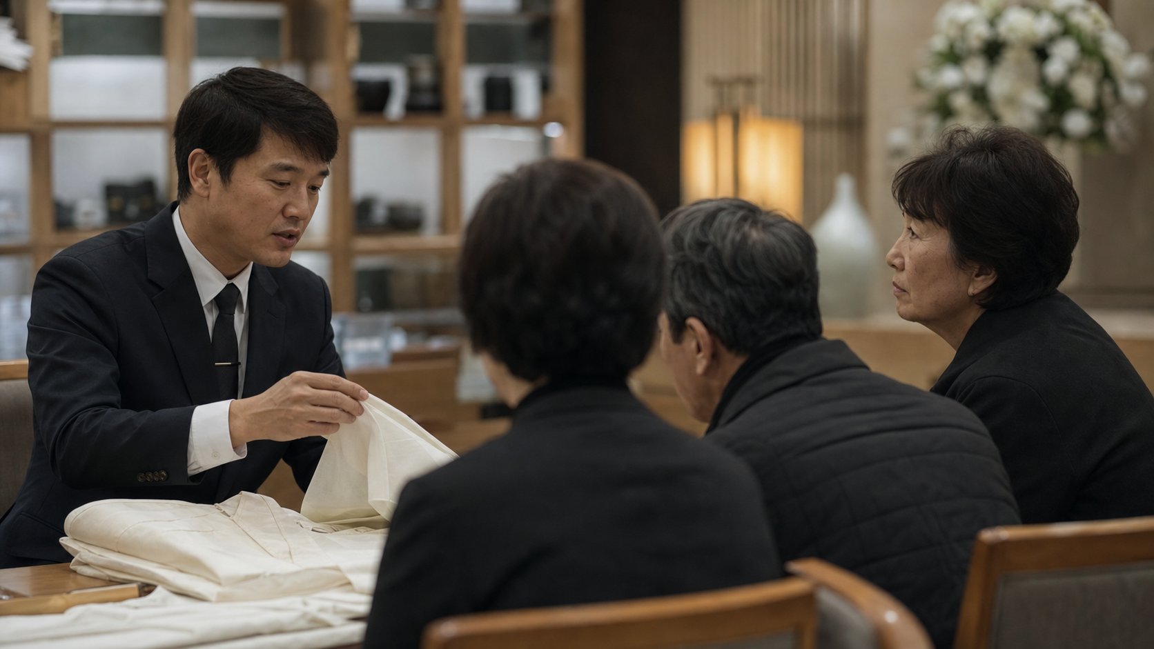 장례지도사가 수의 소재와 구성을 가족에게 설명하는 상담