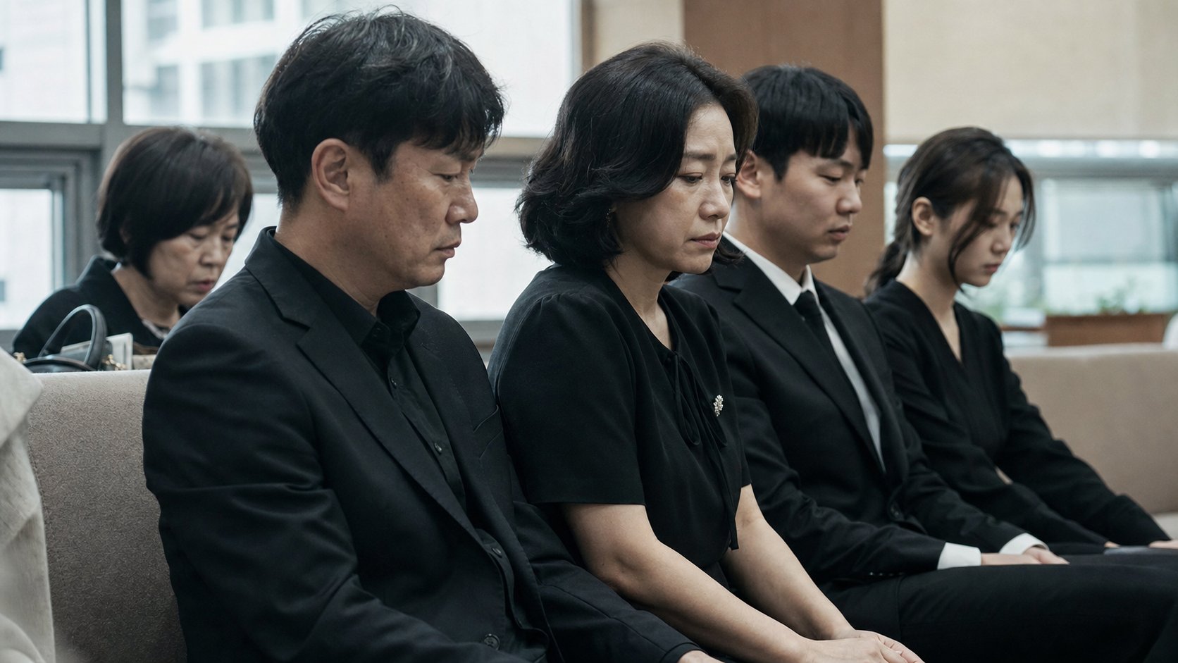 화장장 대기실에서 차분히 기다리는 유가족