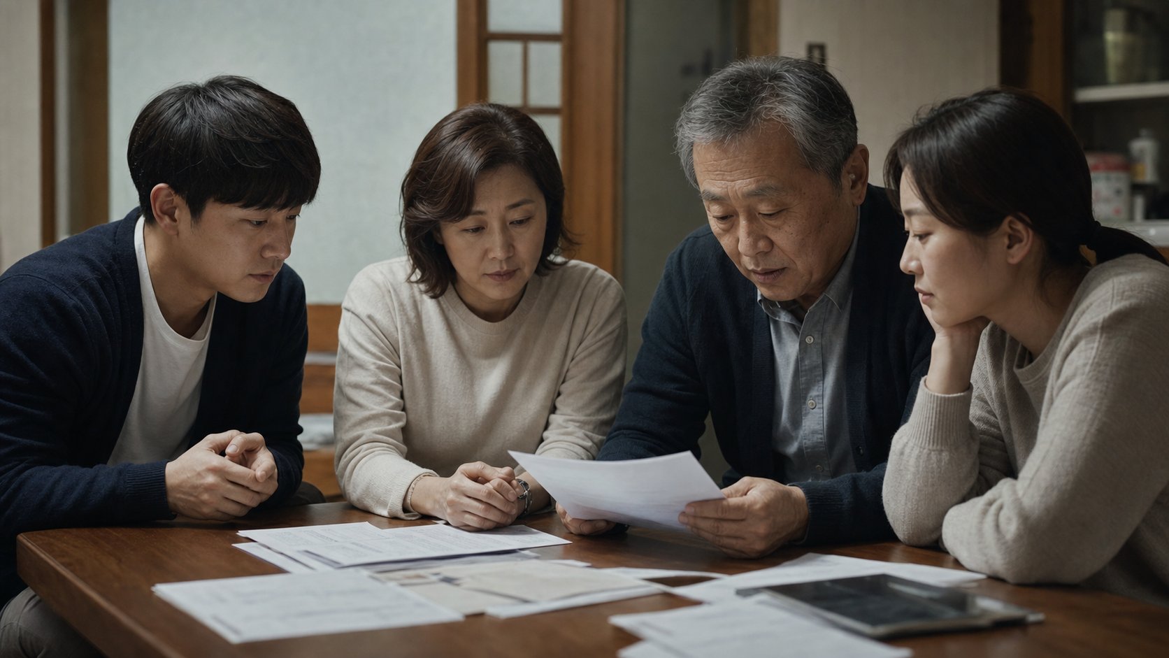 가족이 함께 상조 유지와 해지 대안을 의논하는 모습