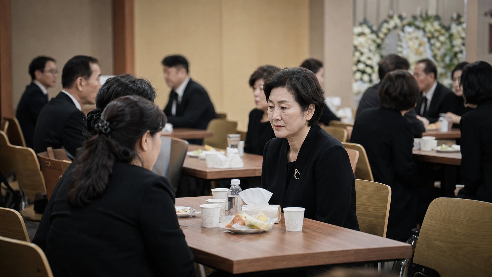 빈소 접객실에서 차분하게 자리를 지키는 조문객들