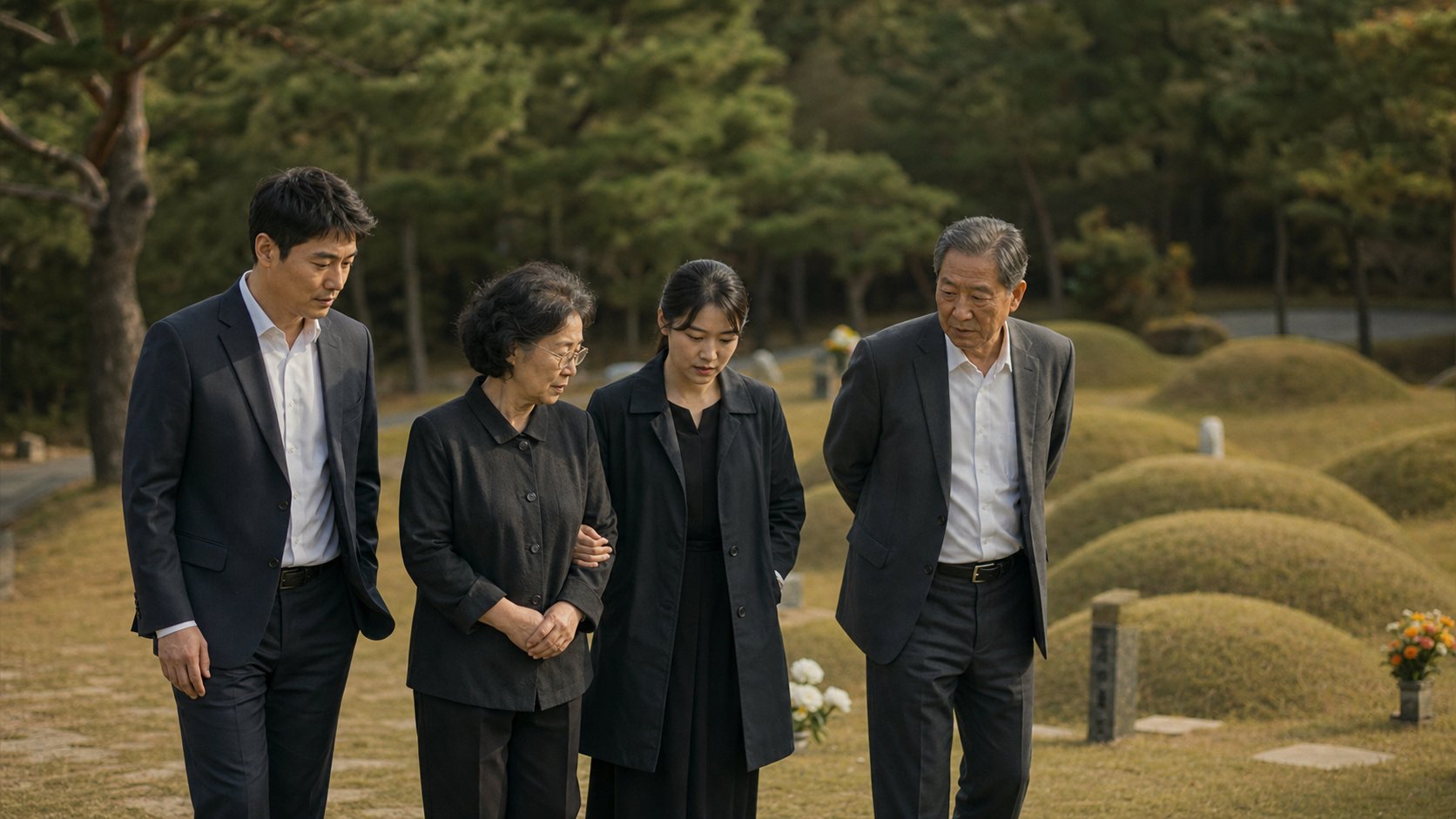 자연장지의 수목과 잔디 구역을 살펴보는 가족