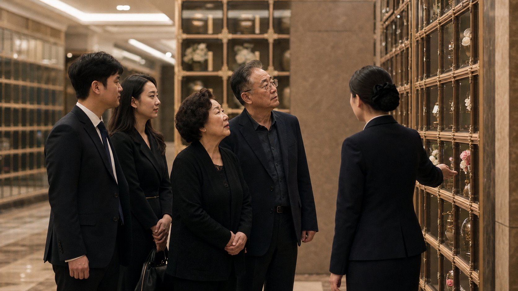 봉안당 시설을 둘러보며 안내를 받는 가족