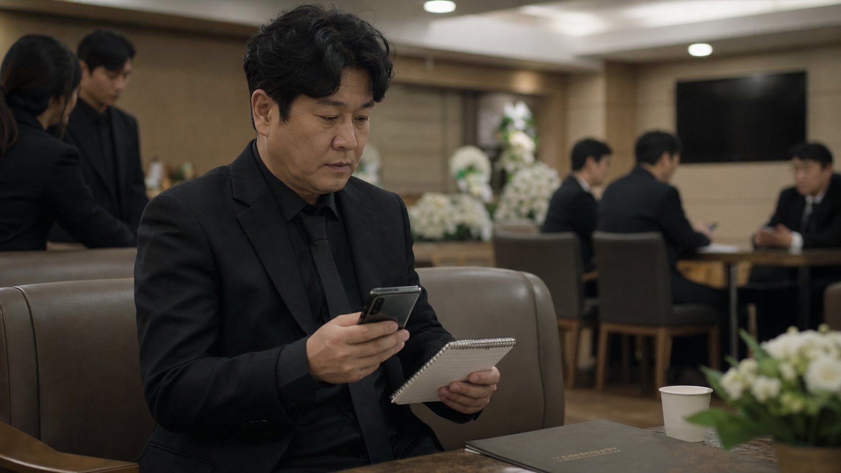 부고 문구의 빈소와 발인 정보를 확인하는 모습