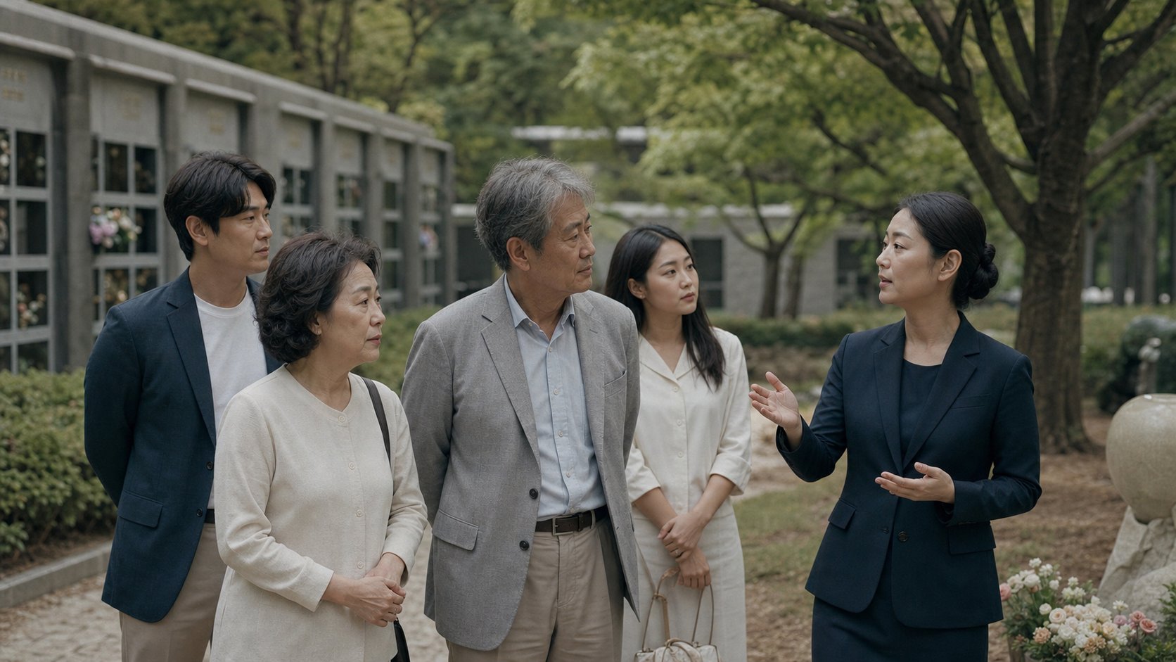 가족이 봉안당과 수목장 장지를 둘러보며 안내를 듣는 모습
