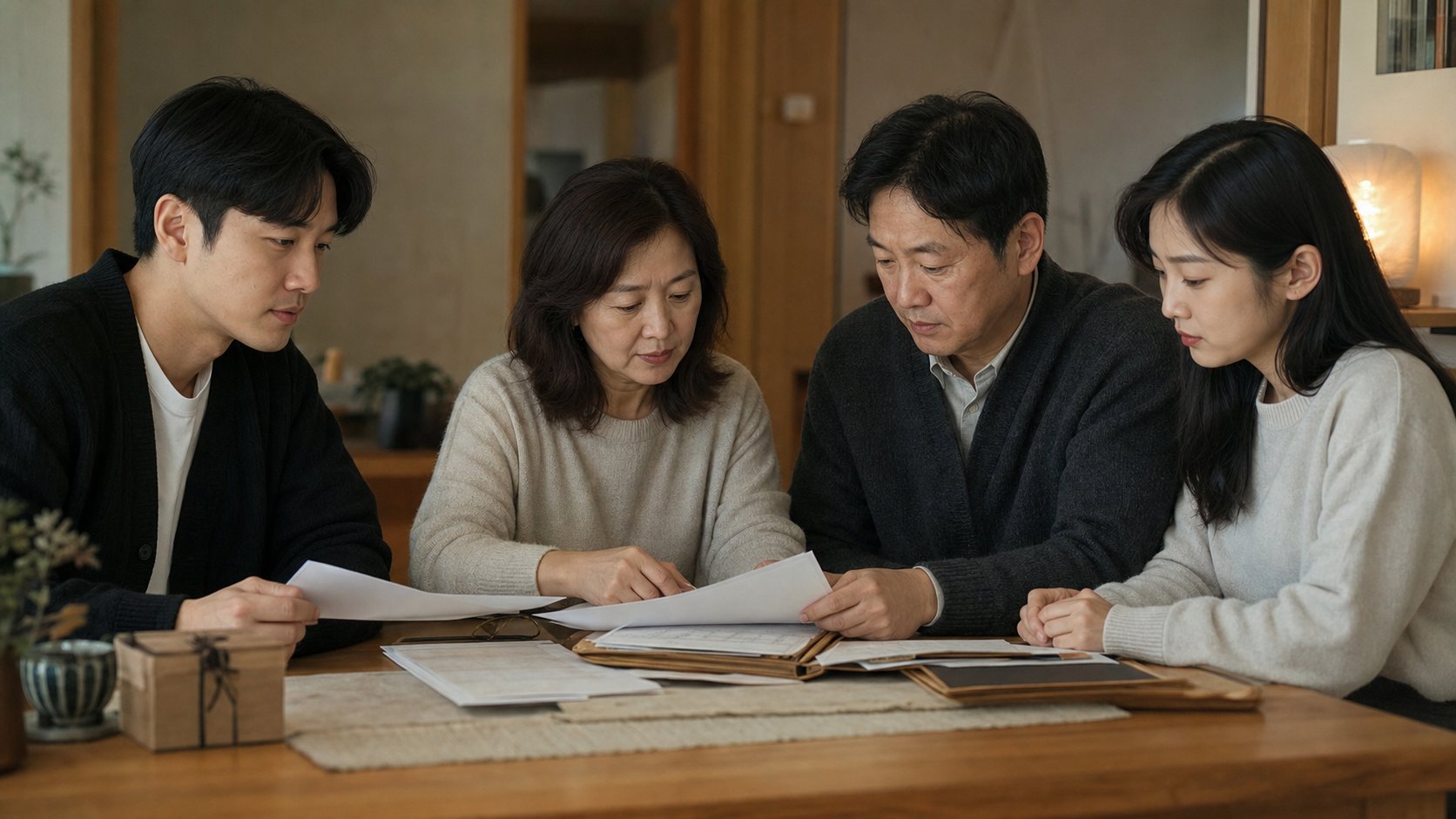 가족이 상조 계약서와 서류를 파일에 정리하며 확인하는 모습