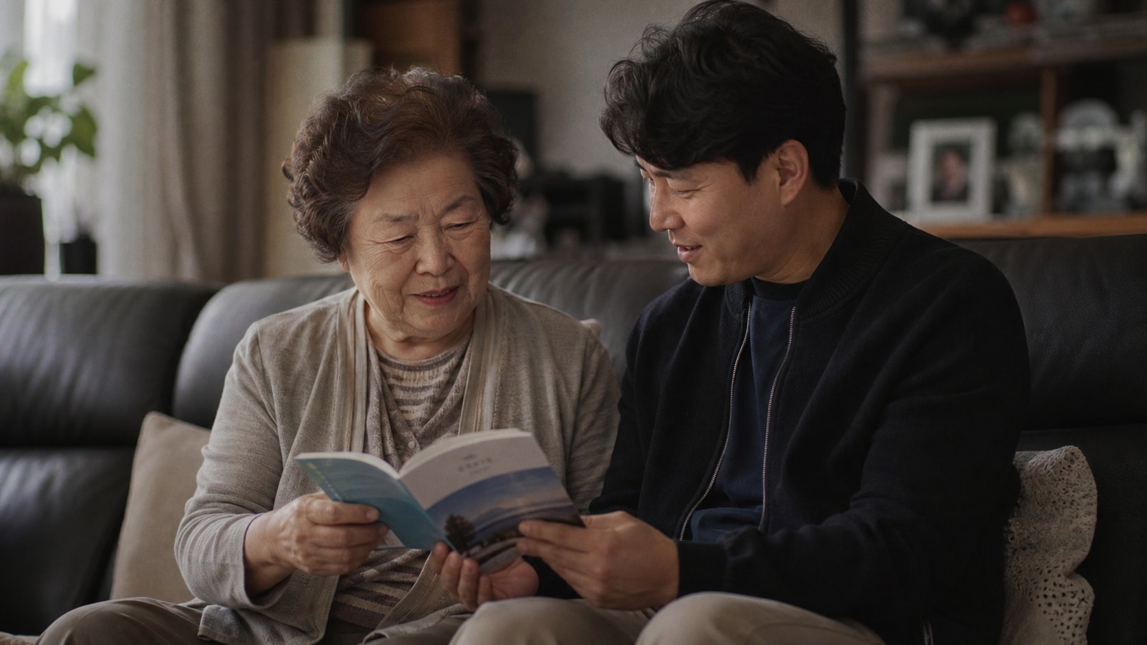 노년의 부모와 성인 자녀가 소파에 앉아 안내 노트를 함께 보는 모습