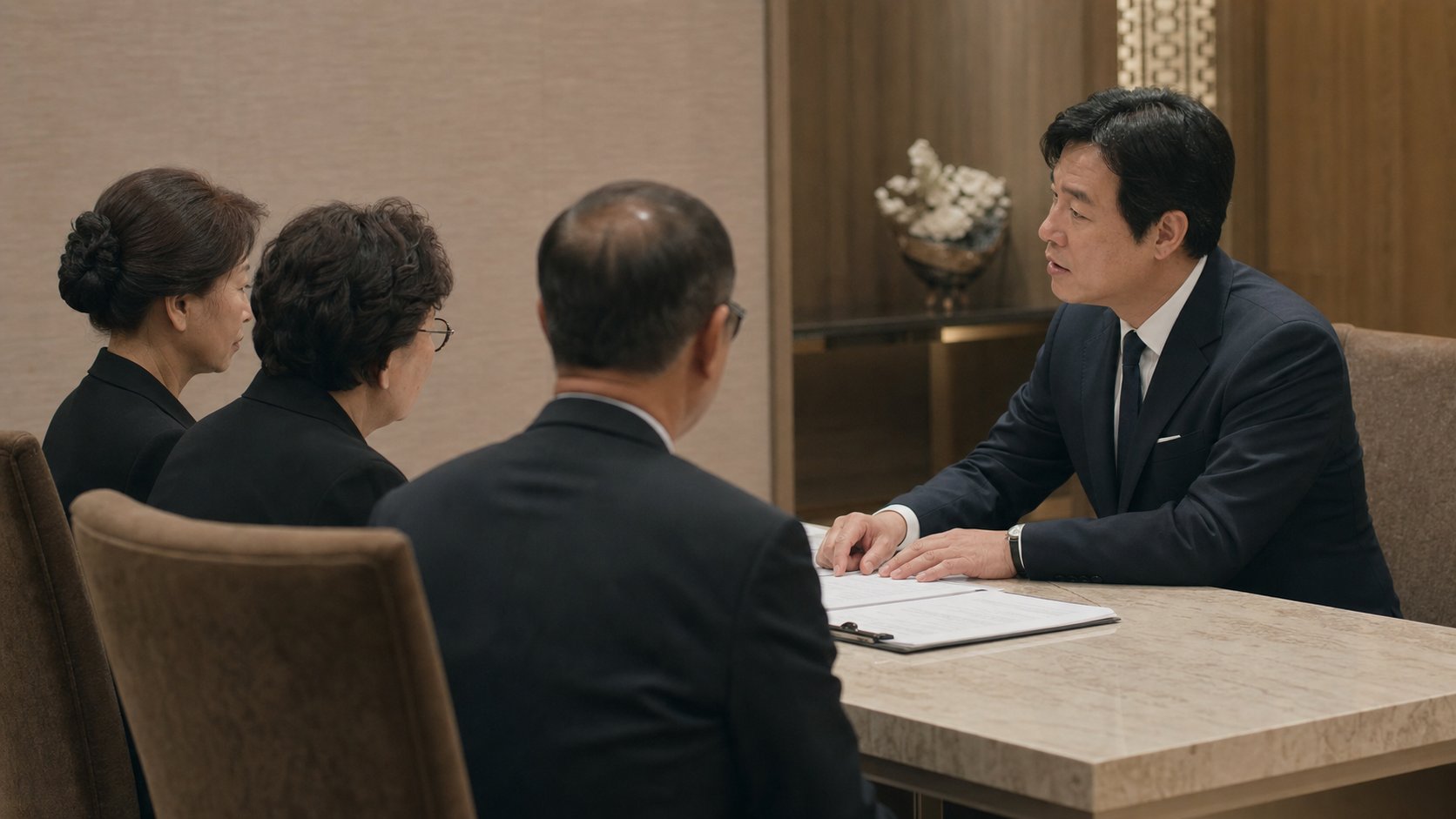 장례지도사가 유족에게 절차를 설명하며 상담하는 모습