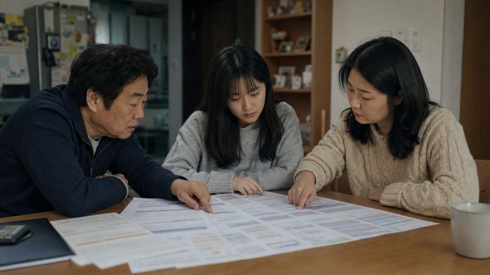 가족이 여러 장례식장 견적서를 나란히 놓고 비교하는 모습