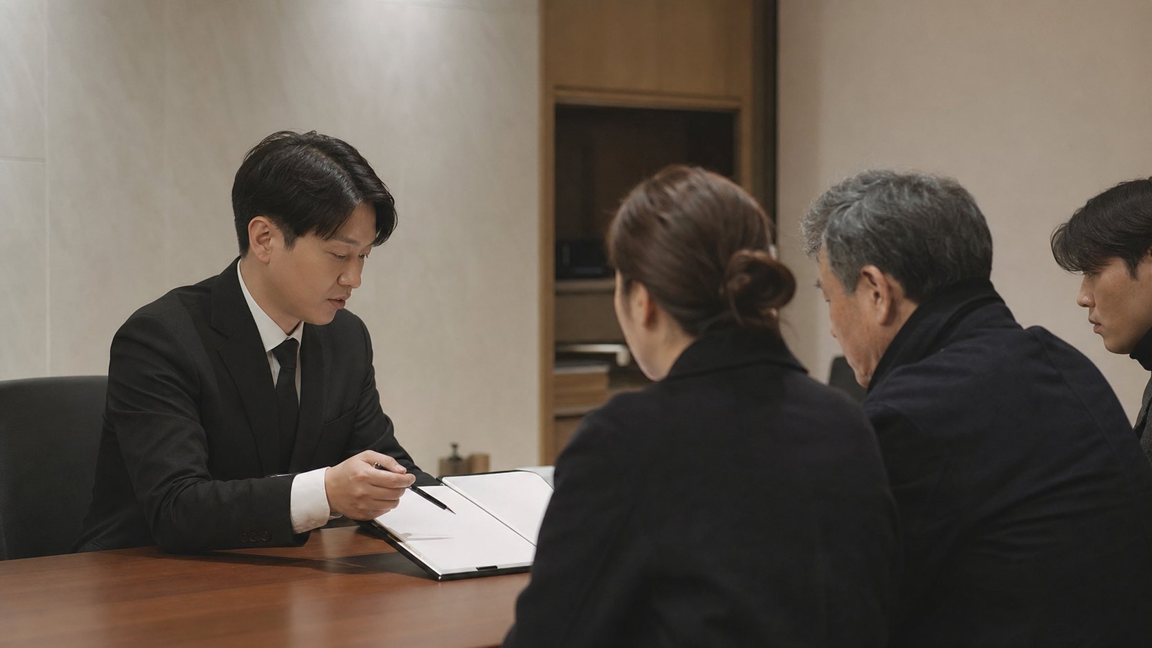 장례지도사가 가족에게 항목별 견적서를 보여 주며 설명하는 모습