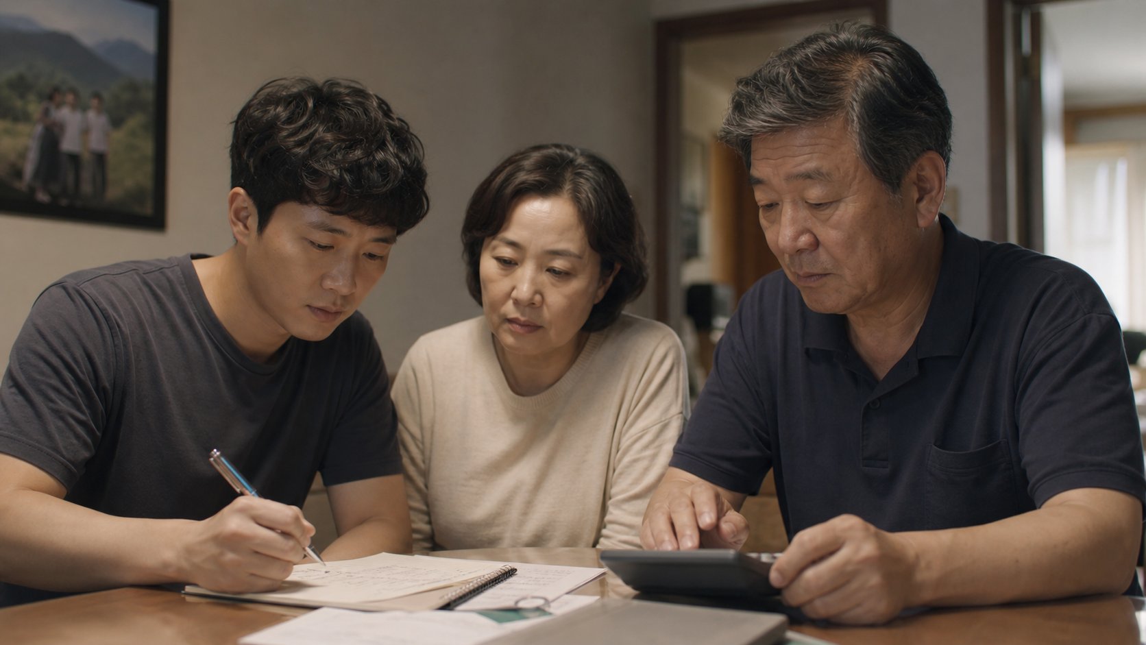 가족이 노트에 항목별 예산 금액을 적으며 계획을 세우는 모습