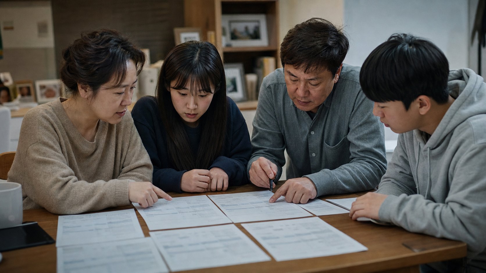 가족이 여러 견적서를 나란히 놓고 항목별 비용을 비교하는 모습