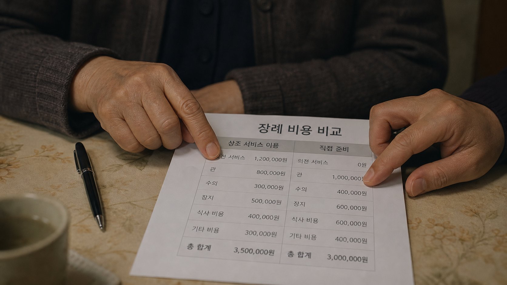 상조와 직접준비 비용 항목을 표로 정리한 서류를 짚으며 비교하는 모습
