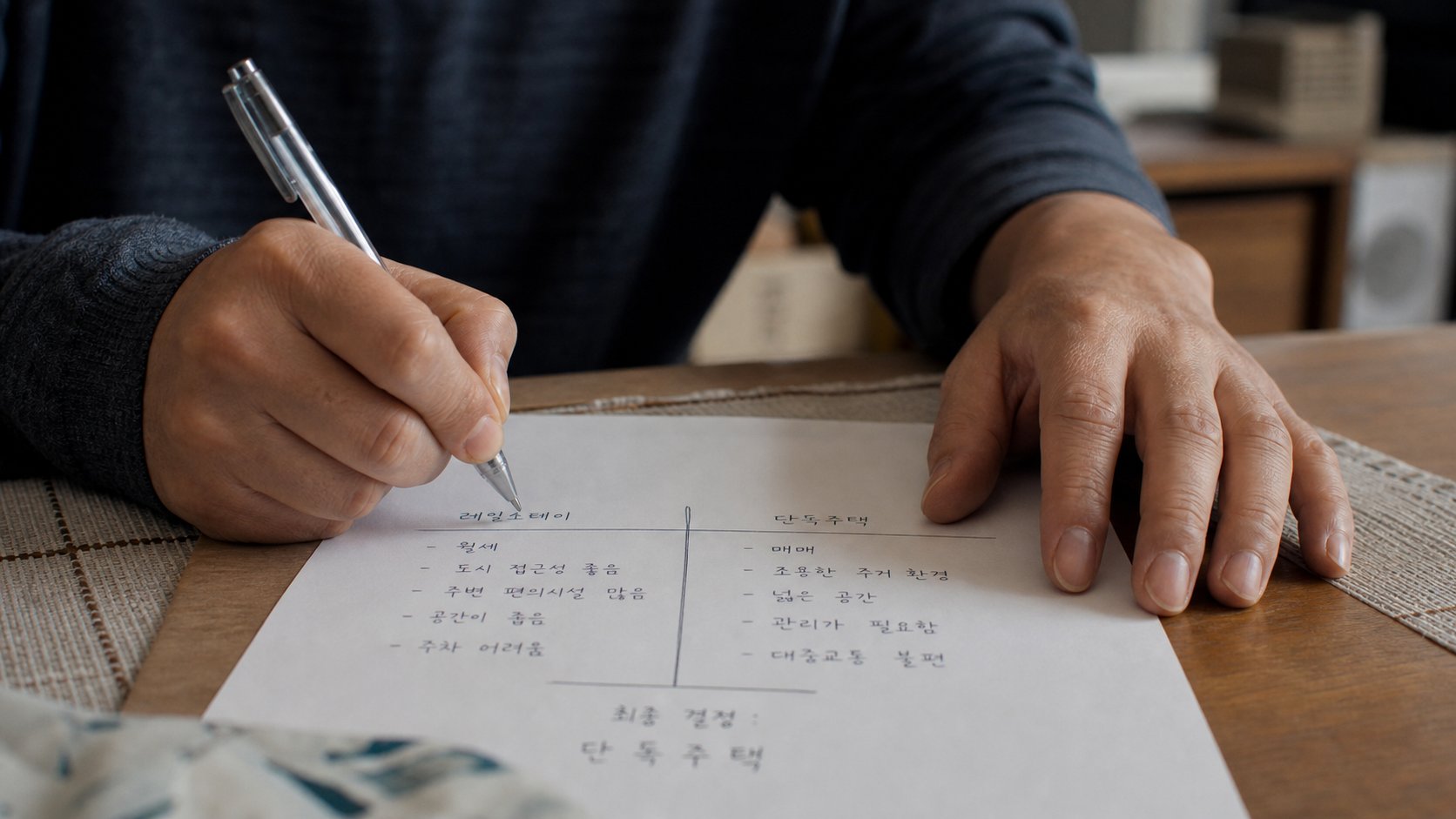 상조와 직접준비를 두 칸으로 나눈 비교표에 항목을 적으며 결정을 정리하는 모습