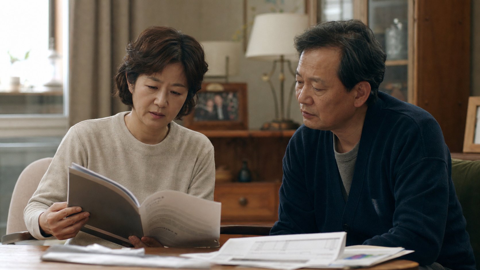 상담 후 받은 안내 책자와 견적 자료를 집에서 가족과 함께 살펴보는 모습