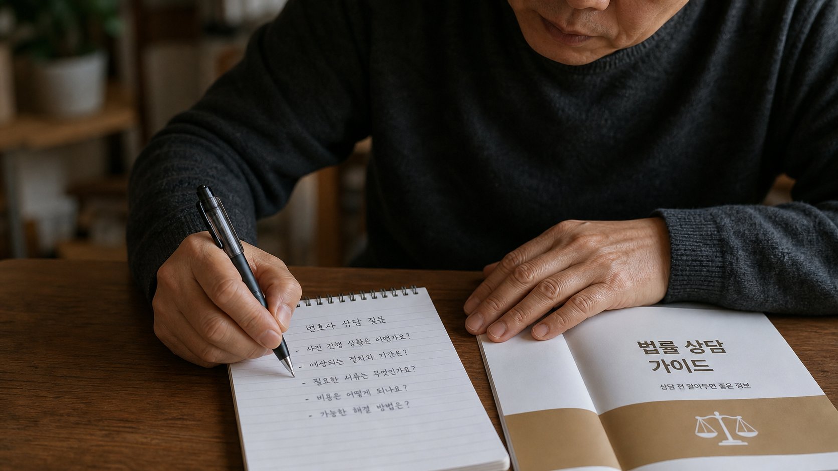 안내 책자와 메모지에 궁금한 점을 적어 두고 검토하는 모습