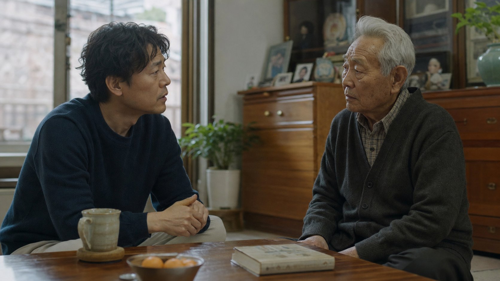 자녀가 부모님과 마주 앉아 장례 방식과 예산을 이야기 나누는 모습