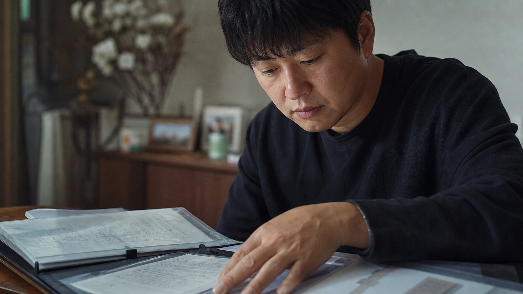 정리된 서류철과 연락처 메모를 앞에 두고 자녀가 점검하는 모습