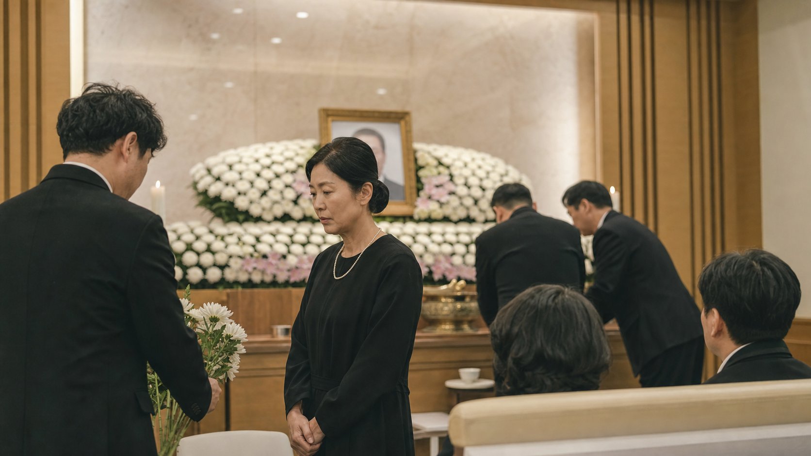 빈소에 영정과 제단이 차려지고 유족이 조문객 맞이를 준비하는 모습