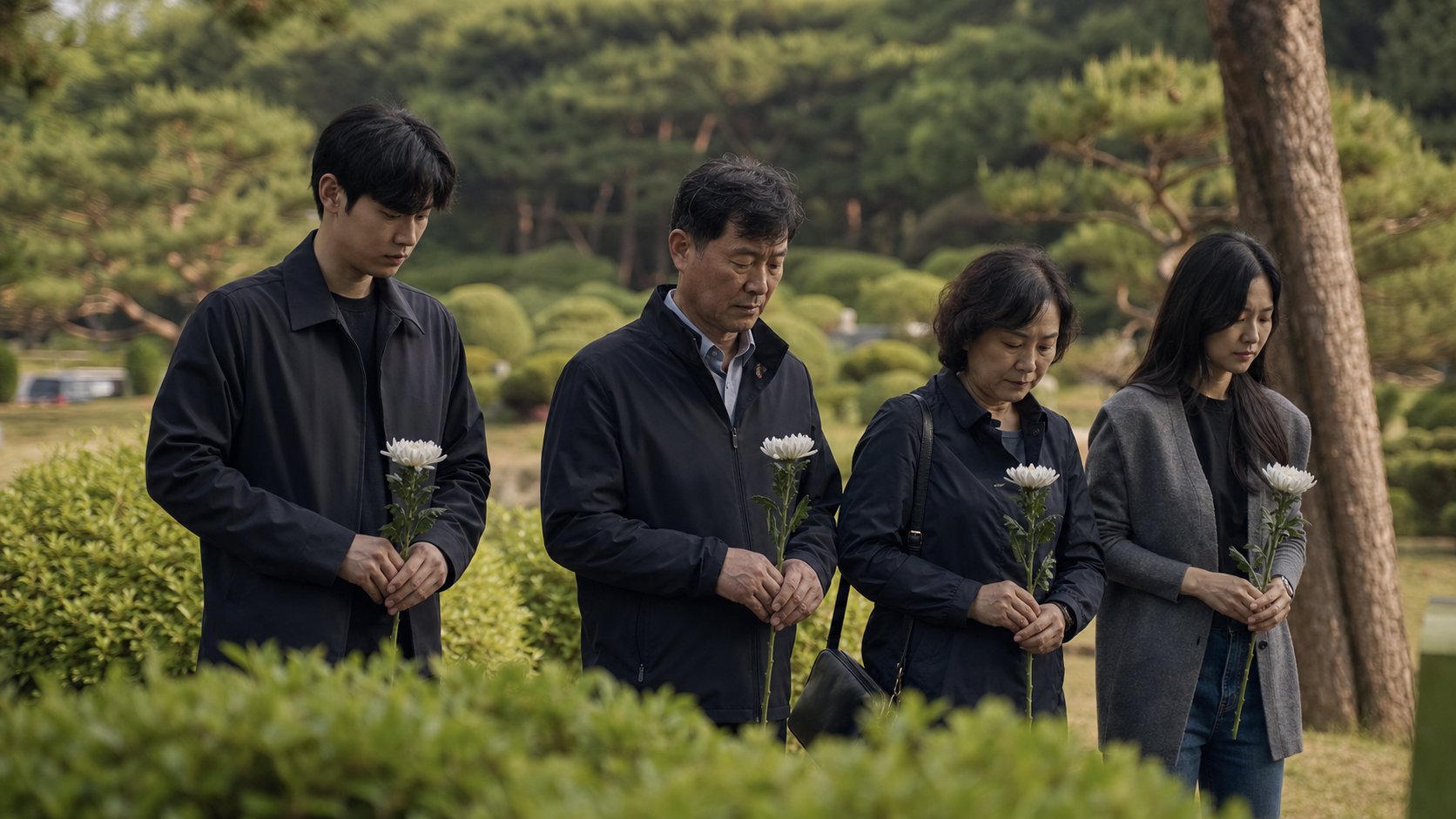 발인을 마친 유족이 장지에서 고인을 배웅하며 헌화하는 모습