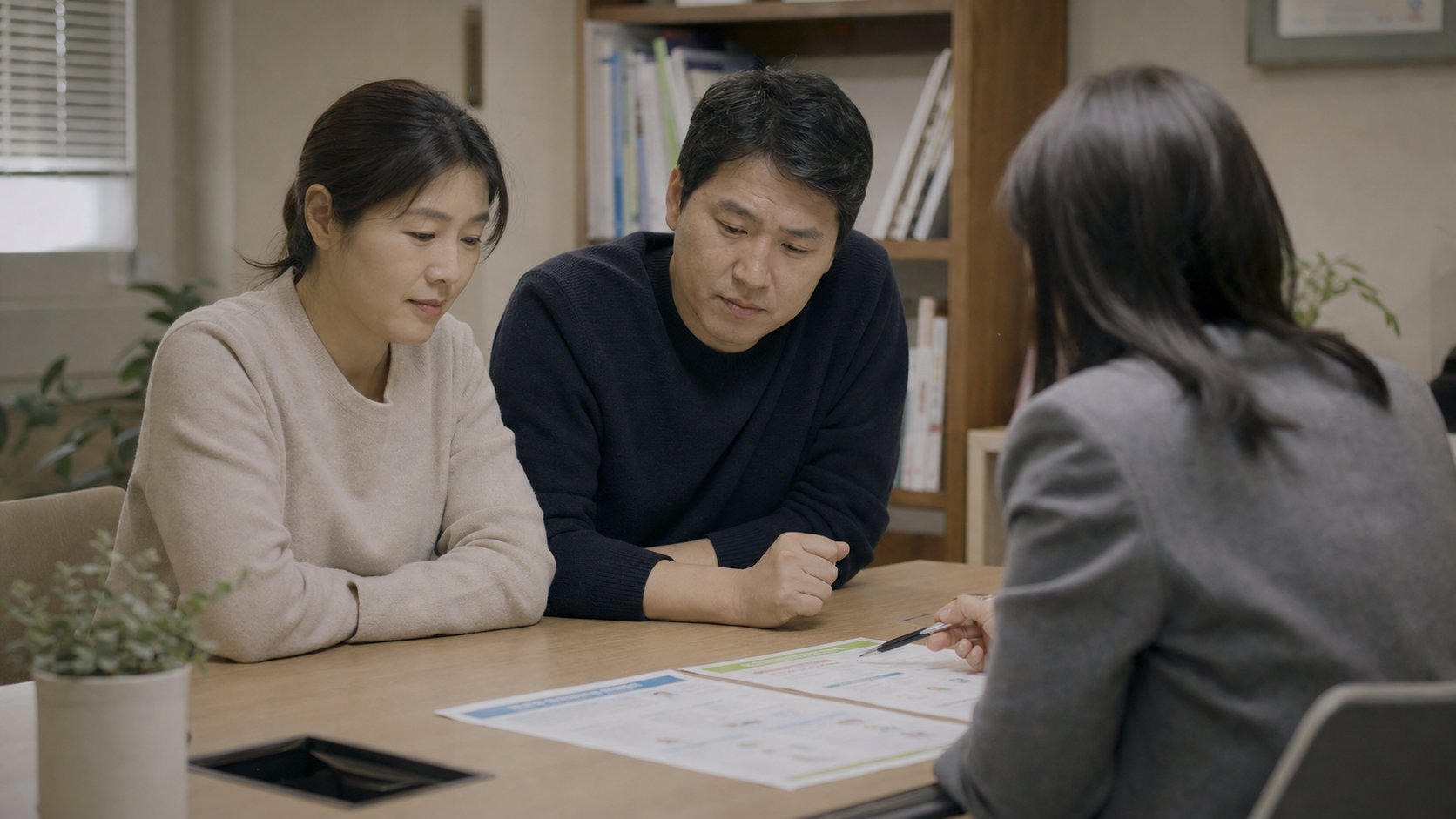 상속포기와 한정승인 안내 자료를 비교하며 상담받는 가족