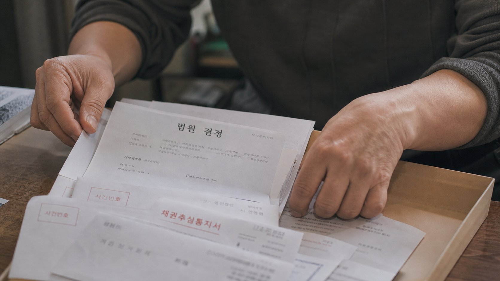 채권자 안내문과 법원 결정문을 정리하는 유가족의 손