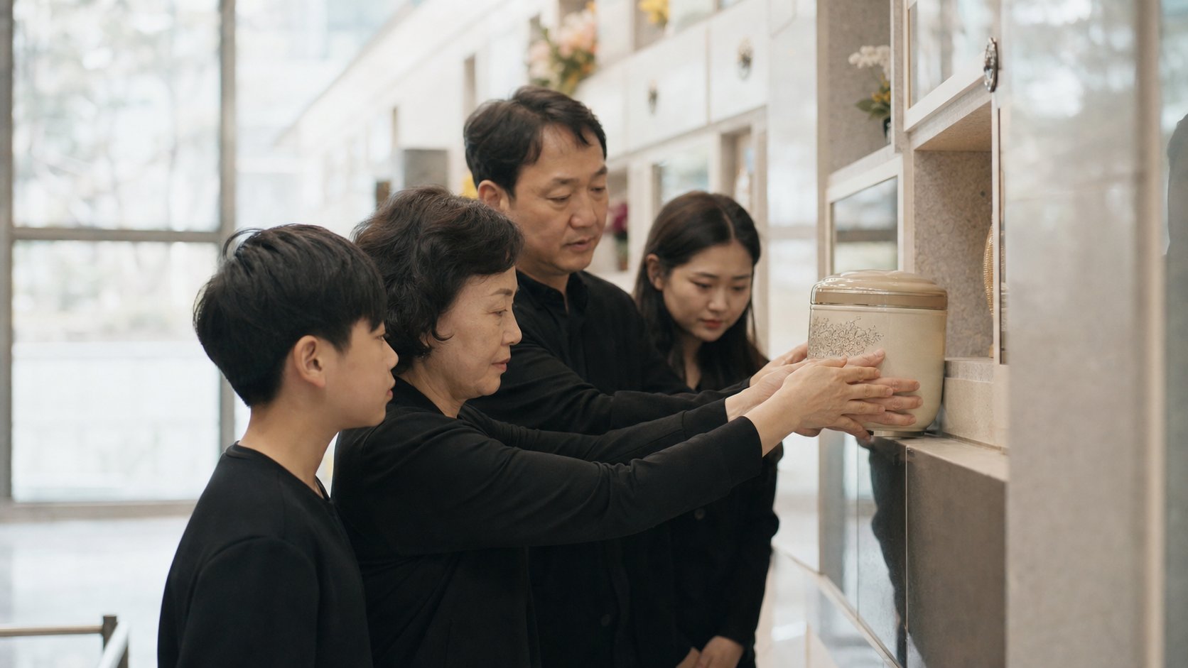 봉안당에 이장한 유골함을 안치하는 가족