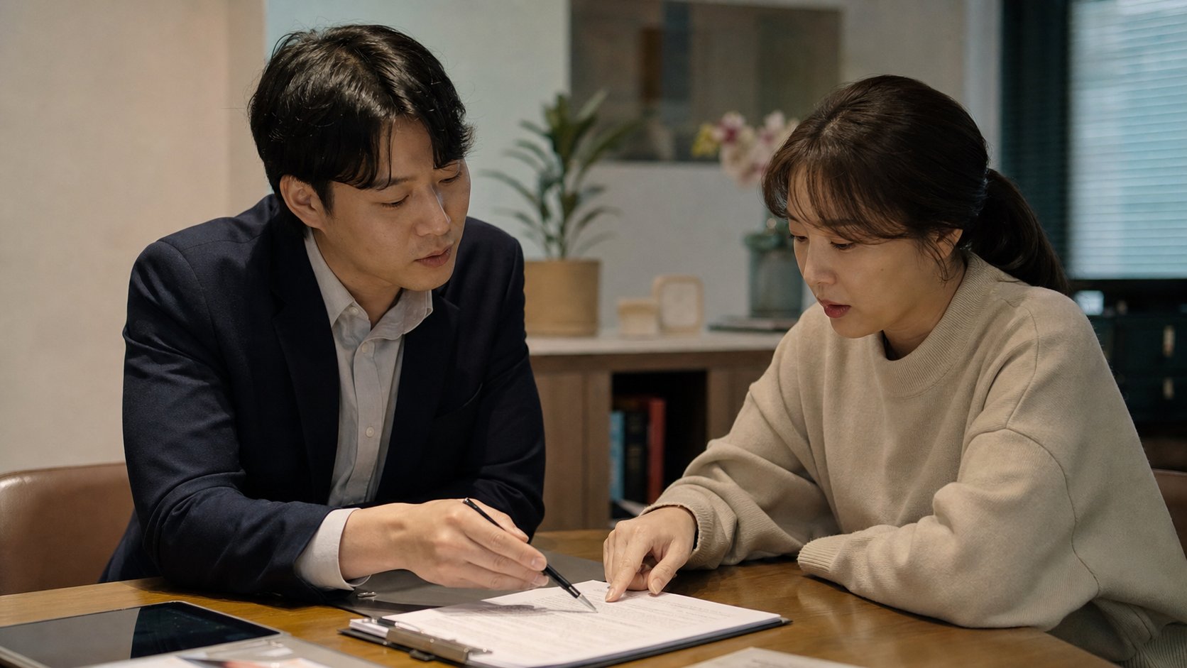 상담 창구에서 계약 조건을 안내받는 장면