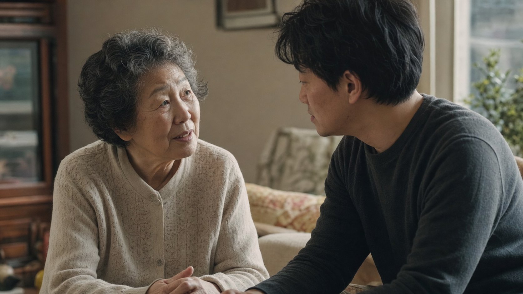 거실에서 가족과 뜻을 나누며 대화하는 부모와 자녀