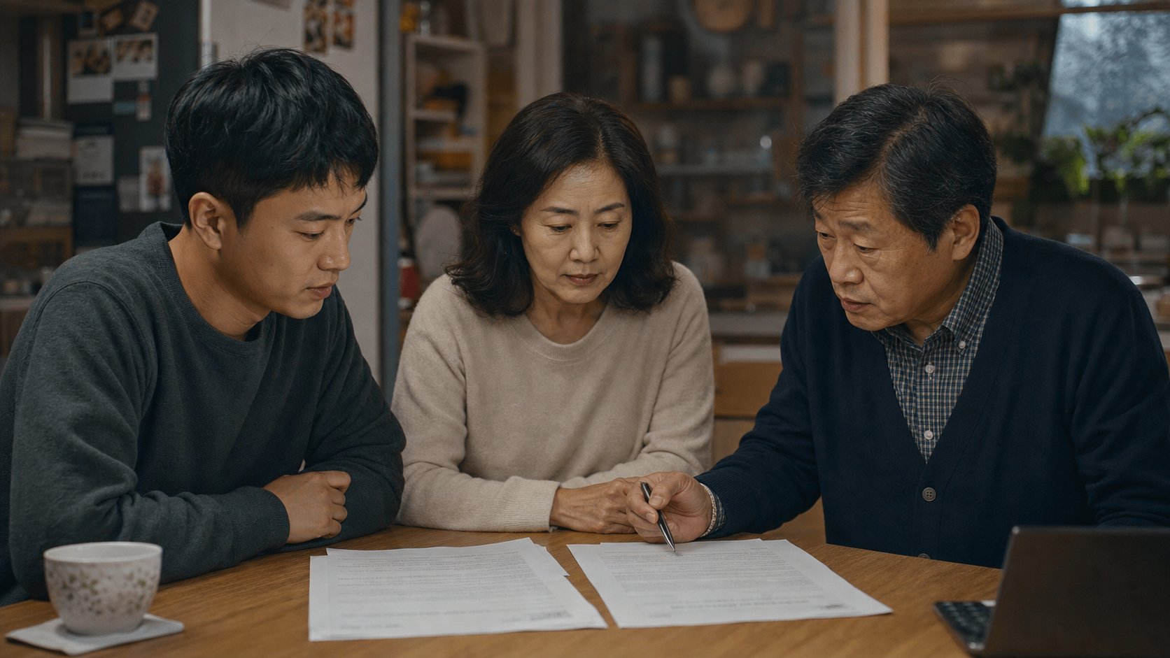 식탁에서 두 계약서를 놓고 가족과 상의하는 모습