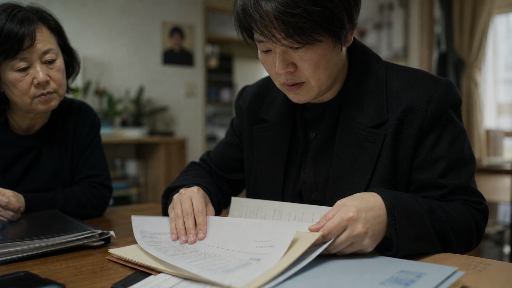 안장 관련 서류를 파일에 정리하는 손