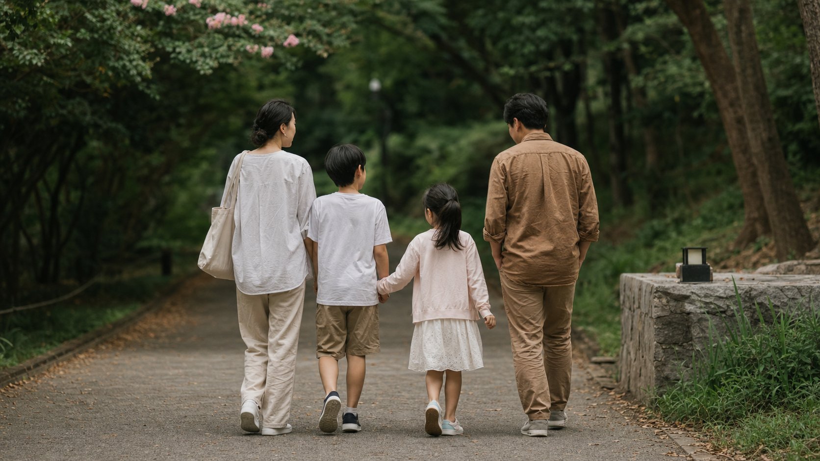 평온한 공원 길을 함께 걷는 가족